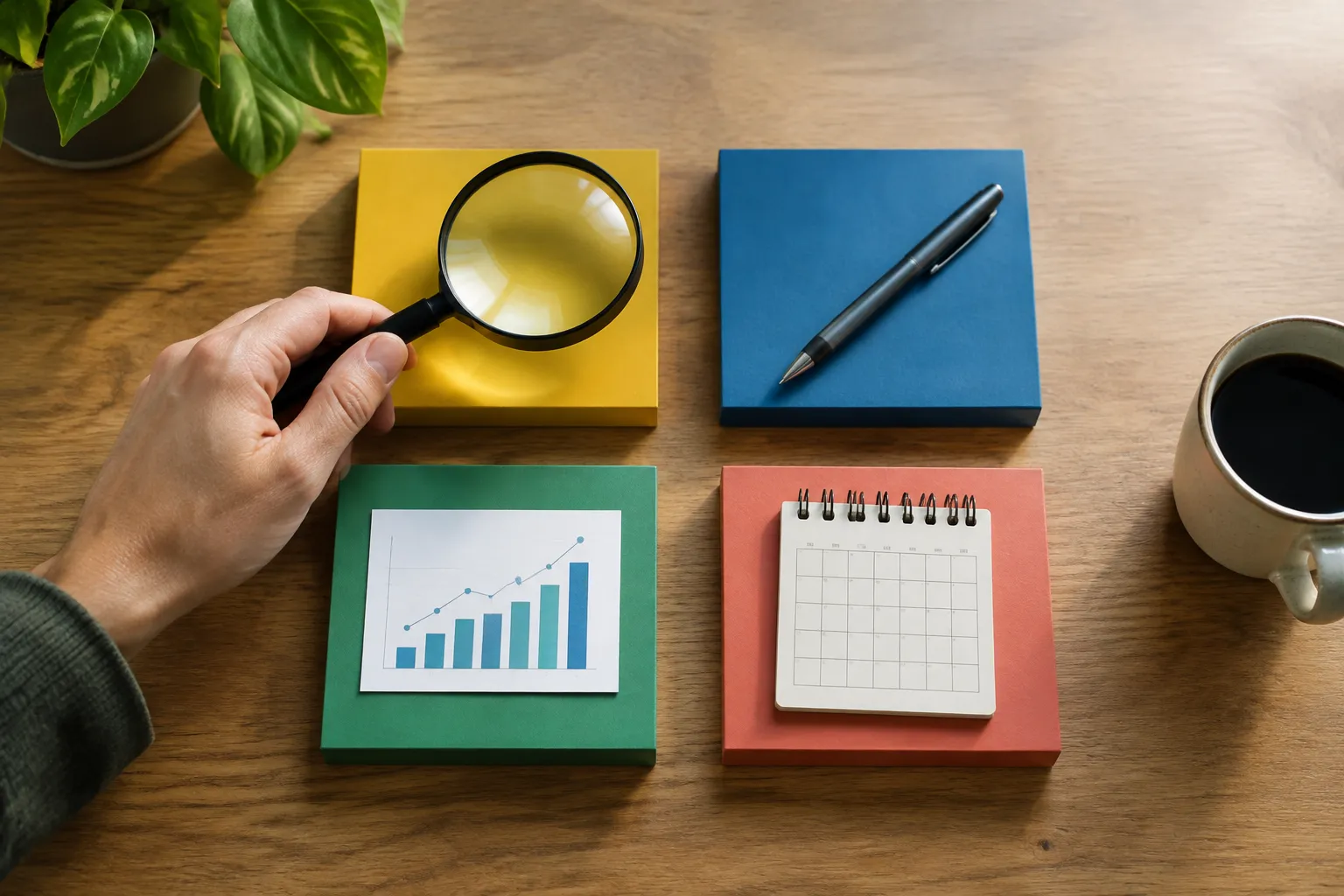 Four categories of AI SEO software represented by different desk objects