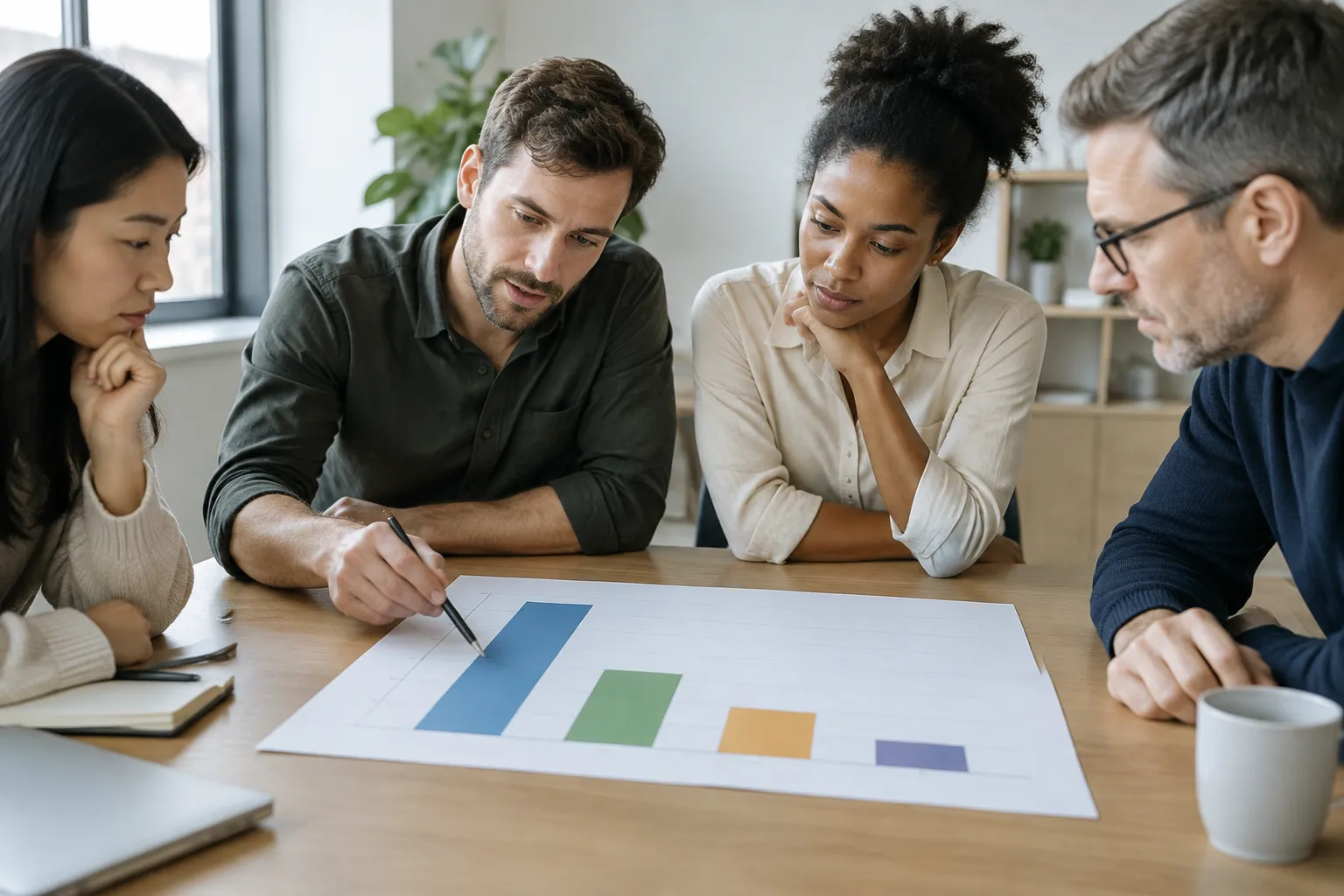 Team reviewing a chart of search and AI referral traffic data