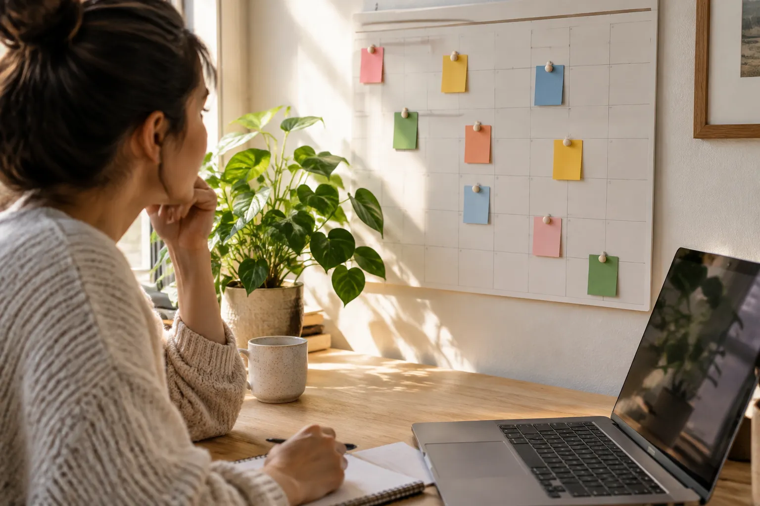 Content calendar with scheduled article cards beside a laptop