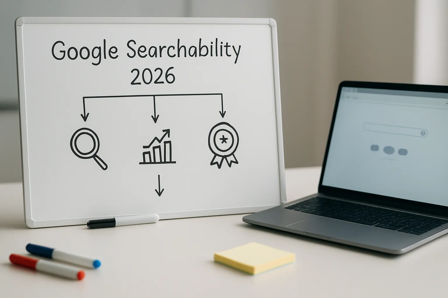 Diagram showing Google searchability ranking factors including E-E-A-T, Core Web Vitals, and keyword optimization