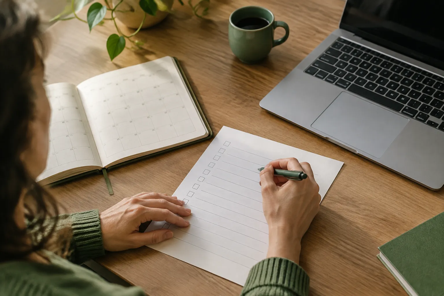 Desk with checklist and content calendar representing criteria for choosing an AI SEO tool