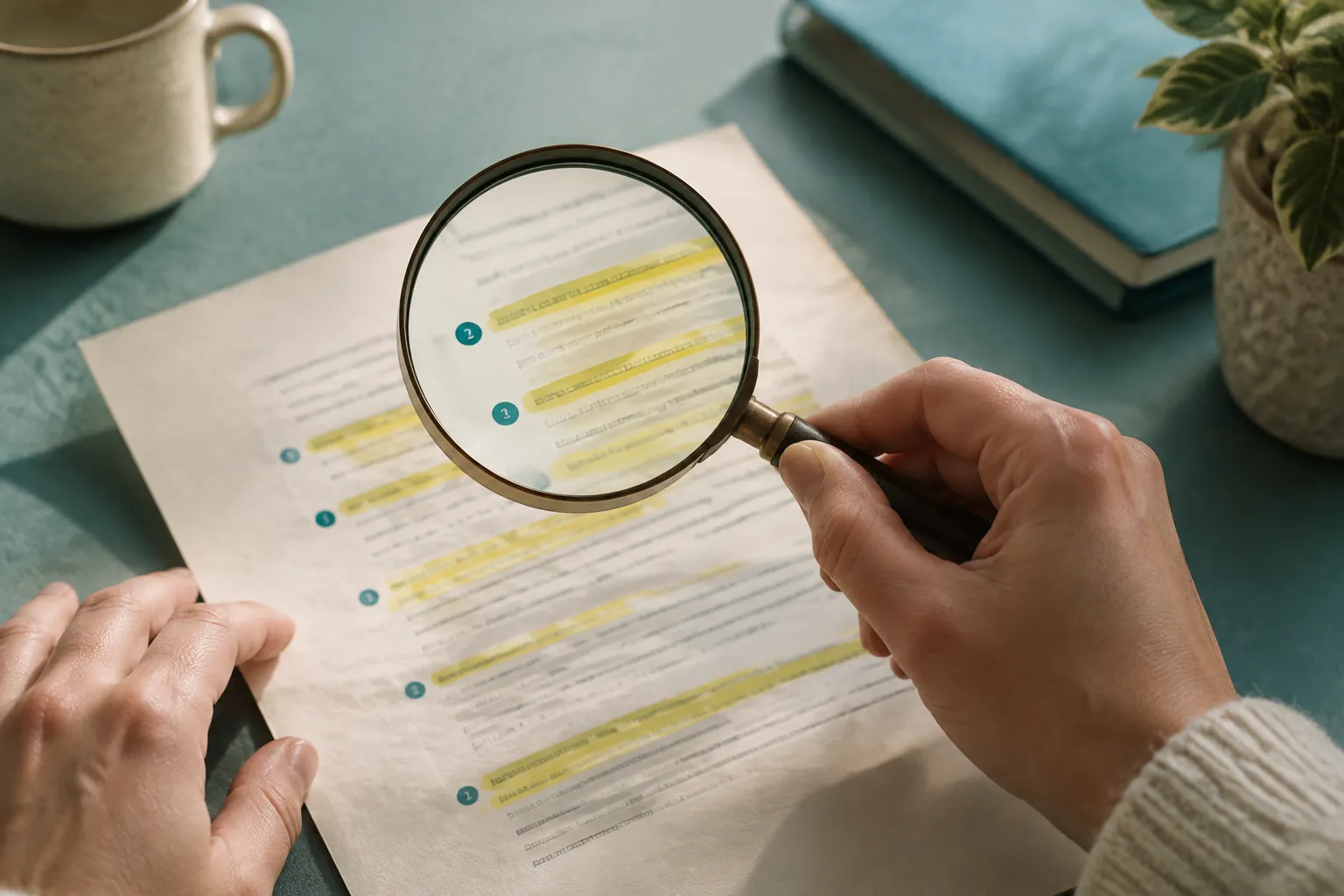 Magnifying glass over a page's opening lines to check answer-first structure and sources