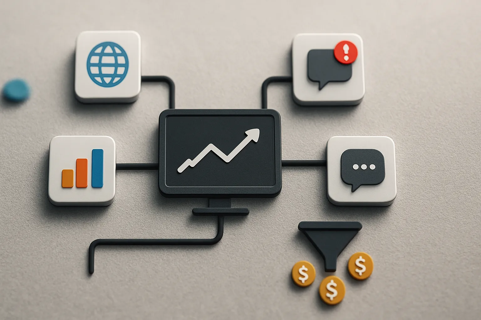 SEO rank tracking software integration ecosystem showing Google Analytics, Search Console, and AI content workflows