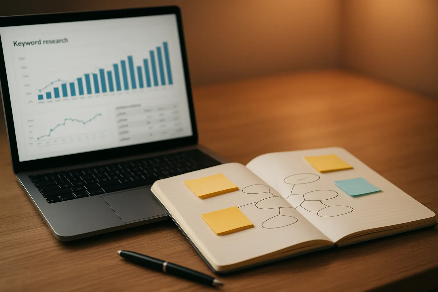 Keyword research workflow for blog SEO optimization showing search volume and intent analysis