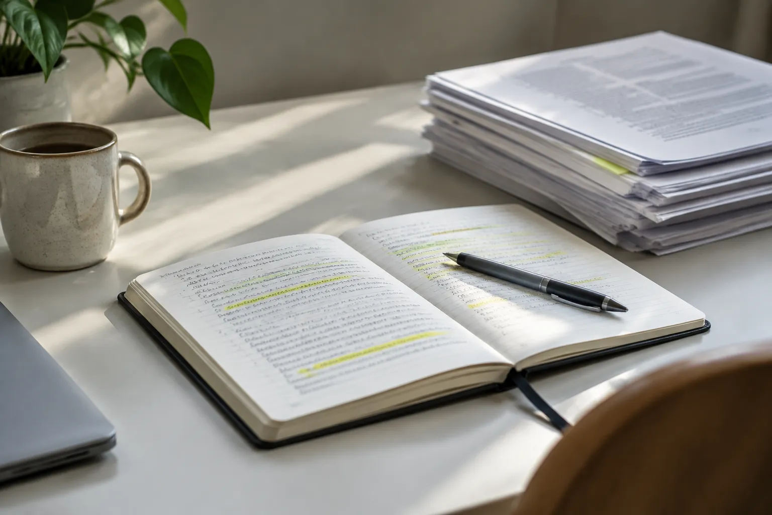 Notebook with highlighted research passages representing evidence-backed GEO tactics