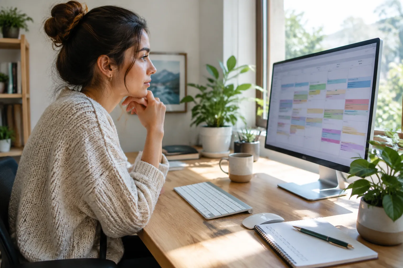 Marketer reviewing a content calendar while evaluating an AI SEO tool